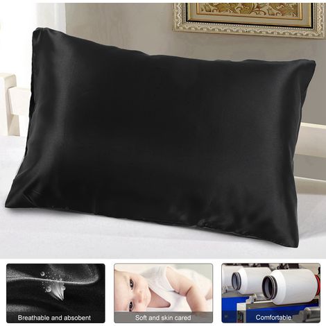 Taie d'oreiller en satin de luxe noir avec fermeture éclair - 51x66 cm - Douce et soyeuse (1/5)