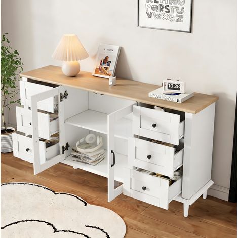 Credenza in MDF bianco e legno 150 x 40 x 75 cm, 2 ante in acrilico, 6 cassetti, LED (1/5)