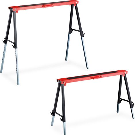 Relaxdays Cavalletto da Lavoro, Set da 2, Regolabili su 12 Altezze, Regge 150 kg, Pieghevole, Banco da Falegname, Rosso