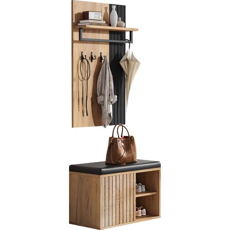 Meuble d'entrée, Banc à chaussures avec 2 Portes, Panneau arrière avec 3 Crochets, Style Moderne, en Panneau de Particules, Noir et Naturel, 70×36×146 cm (1/5)