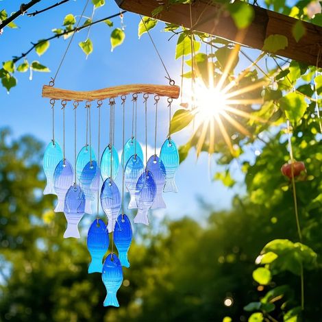 Carillon éolien en verre bleu de 58,4 cm – Carillon éolien en forme de poisson fabriqué à la main pour l'extérieur, la plage et la décoration de mariage (1/5)