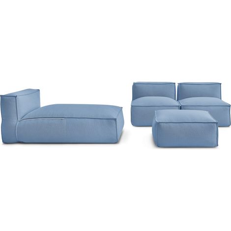 BOBOCHIC - Canapé de jardin modulable BIARRITZ avec bâche de protection, 2 chauffeuses 1 place, 1 méridienne et 1 pouf Bleu (1/5)