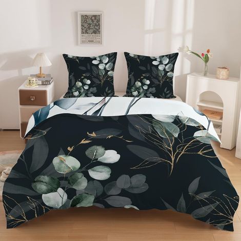 Housse de Couette 220x240 Adulte Microfibre Parure 2 Personnes 3 Pièces Noir 2 Taies d'oreiller 65x65 cm Feuilles D'Eucalyptus Literie Confortable Douce Respirante Fermeture Éclair (1/5)