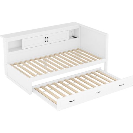 Canapé-lit, lit de jour, 90 x 200 cm, avec éclairage LED, compartiment de rangement latéral, lit gigogne, prise + USB, sans matelas, blanc