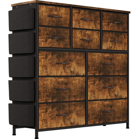 GARVEE - Commode 12 Tiroirs avec Rangement en Tissu, Meuble de Rangement Multifonction pour Entrée, Couloir, Chambre, Structure Métal Robustes, Plateau Bois, 99x30x110 cm(Marron) (1/5)