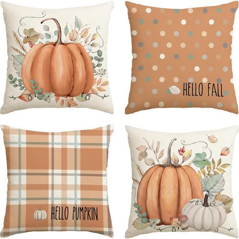 Fundas de almohada otoñales de 45 x 45 cm, juego de 4, ideales para sofás, bancos y salas de estar de estilo rústico (Acción de Gracias). (1/4)