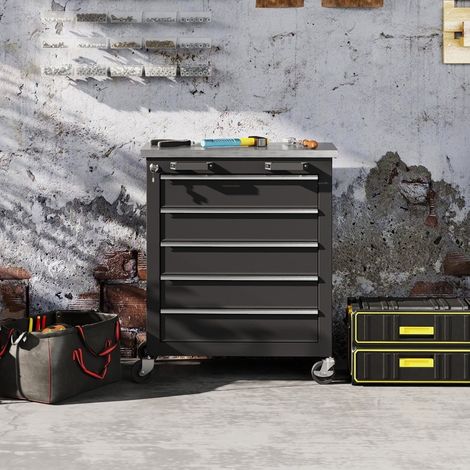 Armoire à outils mobile 65,5x34,5x76 cm en acier inoxydable noir, 5 tiroirs, pour atelier – MEUBLIV (1/5)