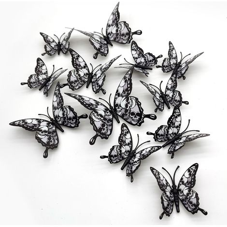 Autocollants Muraux Papillon 3D - Décor Festif pour Anniversaire Halloween Mariage - PVC Noir Rouge avec Motif Crâne Rose - Lot de 24 Pièces (1/5)