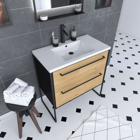 Mueble de Baño 80 con Cajones Acabado Roble y Negro - Lavabo Blanco en Resina - STRUCTURA
