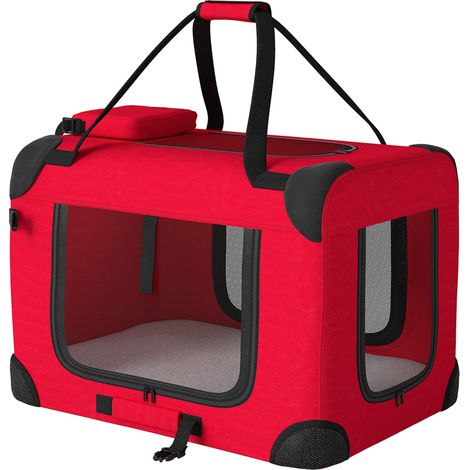 Transport chien pliable 60x41,5x41 cm rouge avec fenêtres maille, coussin doux, 2 anses pour mini chiens chats