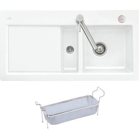 Fregadero 1 seno y medio VILLEROY ET BOCH Subway Pure 60 100 x 51 escurridor izquierdo cerámico sin desagüe blanco + Colador (1/3)