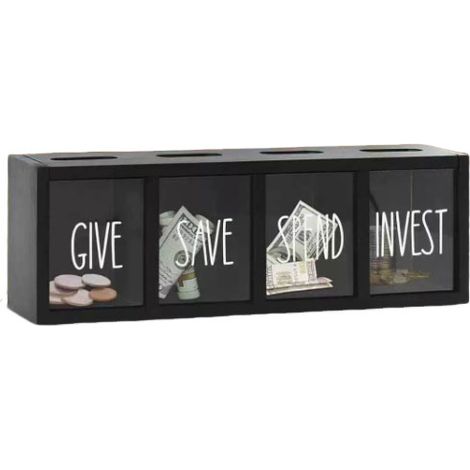 Hucha infantil de madera con 4 compartimentos, caja de dinero de acrílico transparente para dar, ahorrar, gastar, invertir, tapa magnética, blanca, 33 cm, para la educación financiera infantil. (1/5)