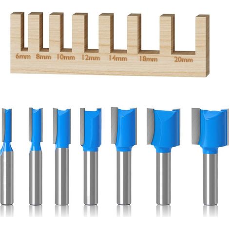 (6 mm/8 mm/10 mm/12 mm/14 mm/18 mm/20 mm)7 pièces Fraises pour Défonceuses a Bois, Fraises Droites à Tige de 8 mm, Outils de Travail du Bois, Fraises à Défoncer en Carbure Double Cannelure (1/4)