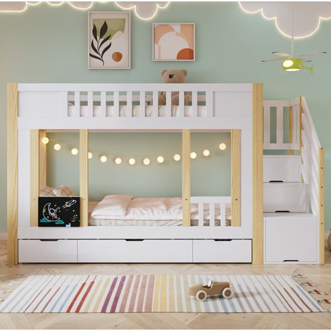Letto a castello per bambini 90x200 cm bianco/naturale in legno massello e MDF con scala contenitore e 3 cassetti (1/5)
