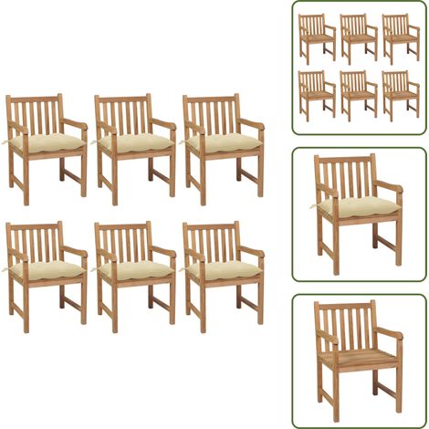 Gartenstühle 6 Stk. mit Cremeweißen Kissen Massivholz Teak - Gartensaßsessel - Gartenmöbel - Esszimmertisch - Outdoormöbel - Terrassenmöbeln (1/5)
