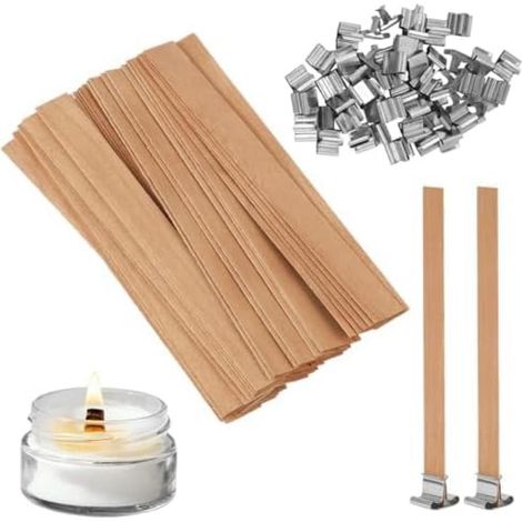 50 pièces mèches de bougie avec 50 supports en fer, mèches en bois pour bougies DIY, fabrication artisanale de bougies (1/5)