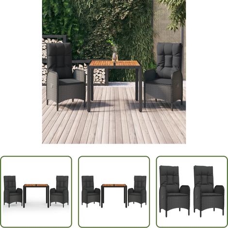 Gartenessgruppe - 3-tlg. Garten-Essgruppe mit Kissen Schwarz Poly Rattan (1/5)