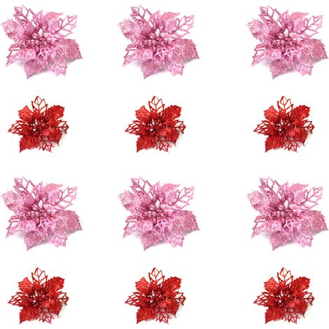 Fleur Artificielle Noel - Fleur Creuse avec Paillettes - Pour Guirlande Arbre Noel Déco Maison - 12 Pièces (1/5)
