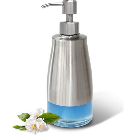 Dispenser di sapone a parete, in acciaio inox nichel spazzolato + vetro, 320 ml, ricaricabile, per bagno e cucina, elegante e resistente. (1/5)