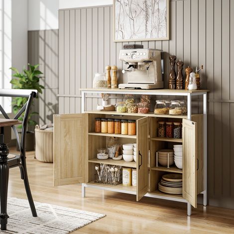 Buffet, meuble de rangement avec 3 portes, compartiment ouvert et 4 étagères réglables, 100 x 35 x 88 cm, bois naturel (1/5)