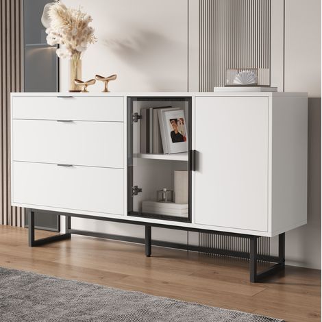 Credenza in MDF con 3 cassetti, ante in vetro e LED, bianco e nero, 160x36x78 cm (1/5)
