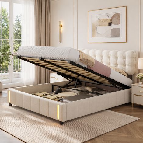 Lit Coffre 160x200 cm, Lit double Rembourré avec Ports USB, éclairage LED, Stockage Hydraulique, lit 2 Personnes avec 2 étagères en Bois, Lin, Beige (1/5)