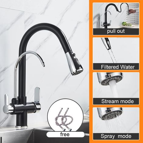 (noir et chrome) Robinet de cuisine Pure Water noir mat, double poignée, eau chaude et froide, mitigeur extractible. (1/5)