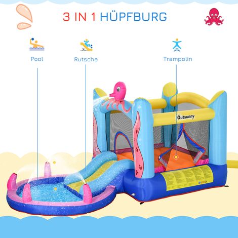 Château gonflable auto-gonflant avec compresseur, rustines, trampoline, piscine, toboggan - 360x175x180 cm (1/4)