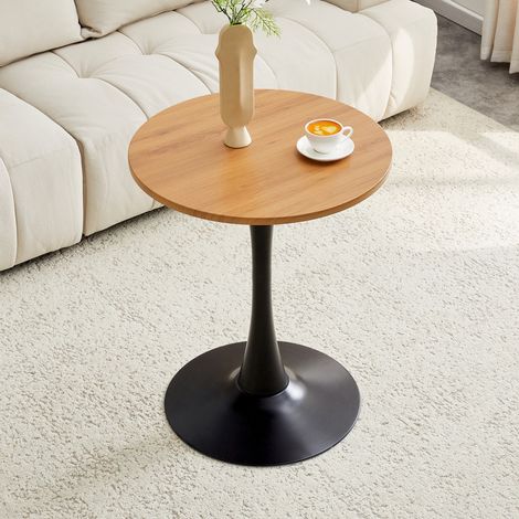 Table d'appoint ronde avec plateau effet bois, pied central stable, surface thermoformée, MDF et métal noir et bois (1/5)