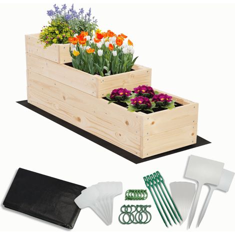 MODO24 Carré potager surélevé en bois, 3 niveaux en cascade, 36x30x93 cm, jardin/terrasse, kit jardinier inclus, naturel