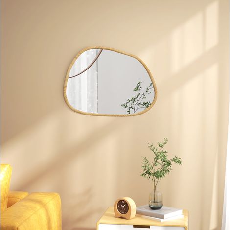 Espejo de pared asimétrico 70x50 cm con marco de madera de pino natural para baño y dormitorio (1/5)