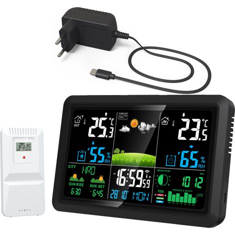 7,5-Zoll-Wetteruhr mit Wettervorhersage, automatischer Kalibrierung, Innen-/Außenthermometer und -hygrometer, DCF-Funktion, Sonnenaufgangs-/Sonnenuntergangsanzeige, Temperatur, Luftfeuchtigkeit, Mondp