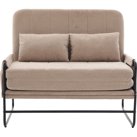 Sofá cama plegable de 2 plazas con estructura metálica y chenilla caqui (1/5)