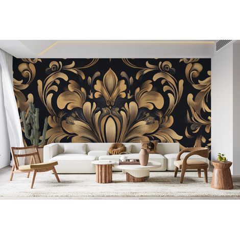 Papier peint baroque - damas classique noir et doré - 150 x 250 cm (1/2)