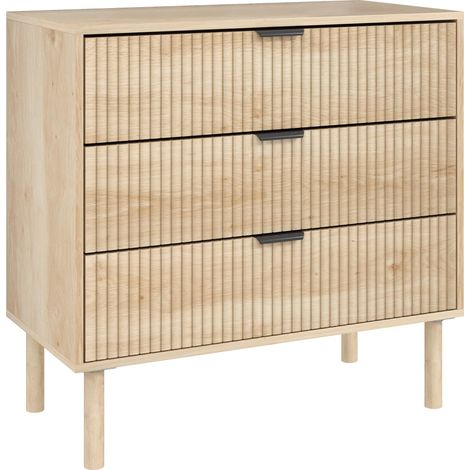 Commode de style nordique pour chambre à coucher, avec grands tiroirs, panneaux cannelés et poignées en métal, 80 x 40 x 77,5 cm, chêne