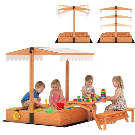 AIYAPLAY arenero para niños de madera con toldo ajustable, mesa plegable de picnic, bancos, cubierta, para 6 niños de 3-8 años, 184x110x120 cm, marrón