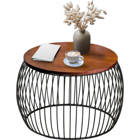 Runder Couchtisch im Loft-Stil, schwarzes Metall, Holztisch, braune Bank, 60 cm (1/5)