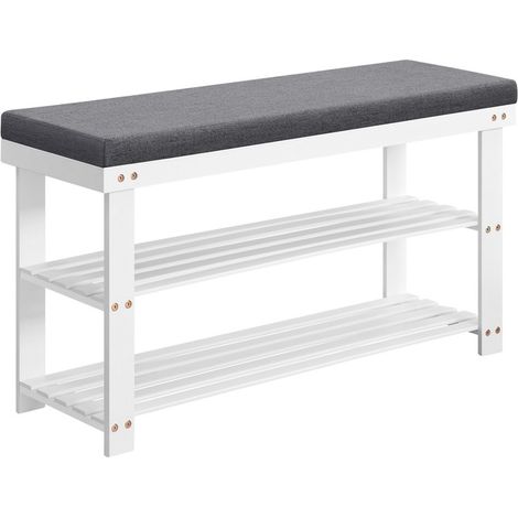 Songmics – Banc à chaussures en bambou – Étagère à 2 niveaux – Rembourré – Charge 136 kg – Dimensions 29 x 90 x 49 cm – Blanc et gris (1/5)