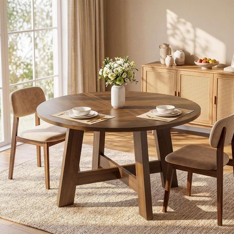 Tribesigns Table de Salle à Manger Ronde pour 4 à 6 Personnes, Table de Cuisine Ronde de 118 cm avec Traverse renforcée, mobilier de Salle à Manger pour Salon, Appartement, Restaurant, Couleur Noyer (1/5)