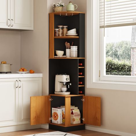 Mobile angolare porta vino 40x40x182 cm con porta calici, spazio chiuso, per cucina e soggiorno, MDF - nero (1/5)