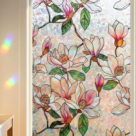 Film occultant pour vitres à motif magnolia, fixation statique sans colle, film opaque coloré à effet arc-en-ciel, protection UV et solaire, 45 x 200 cm, idéal pour le salon et la cuisine. (1/5)