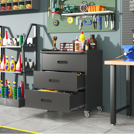 Carrello porta attrezzi in metallo 75x42x88 cm con 3 cassetti, ruote bloccabili, nero (1/5)