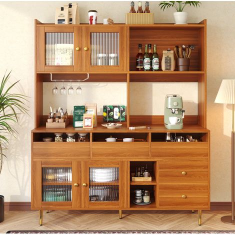 Restaurant-Hochschrank (145 x 39 x 171 cm), modernes und schlichtes Design, mit Changhong-Glastür, Weinglasregal, mehrschichtigem Stauraum, Holzstruktur und Golddekoration, geeignet für Restaurants (1/5)
