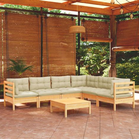 Salon de jardin 7 pcs,Mobilier de terrasse,Table et Chaise pour Relax avec coussins crème Bois de pin solide -YZ949842 (1/5)