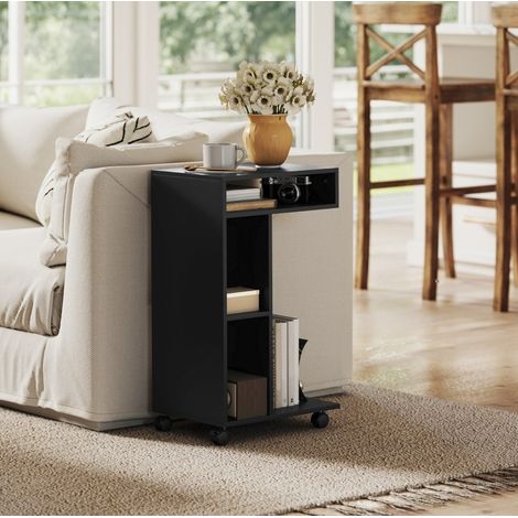 Table d’appoint en C 40 x 30 x 69 cm noire avec 3 compartiments et roulettes (1/5)