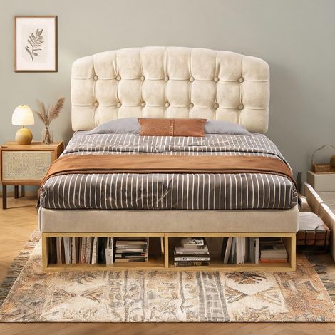 Cadre de lit beige en velours 207 x 151 x 120 cm (1/5)