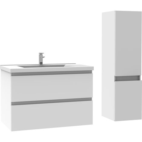 Acezanble – Ensemble de meubles de salle de bain 80cm blanc – Meuble sous vasque avec vasque en céramique – Colonne de rangement LED anti-buée