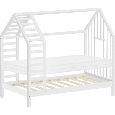 ML-Design Cama infantil 80x160cm forma de casita con colchón y somier, madera de pino estructura de listones, techo y ventana, lecho montessori para niños y niños, fácil montaje, blanco (1/5)