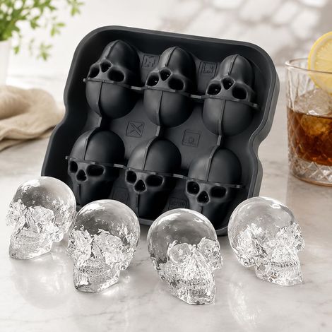 1 Bac à glaçons Halloween en forme de tête de mort – Moule flexible en silicone à 6 cavités – Convient pour le whisky, les cocktails, les jus et les boissons froides – Matériau de qualité alimentaire (1/5)