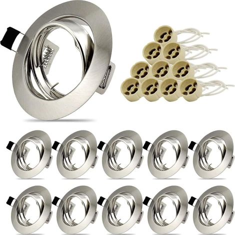 Lot de 10 Cadres pour Spots Encastrables - Diamètre de 68mm - Acier Inoxydable Brossé - Douille GU10 pour Ampoules LED ou Halogènes - Rotation à 30° - Design Circulaire